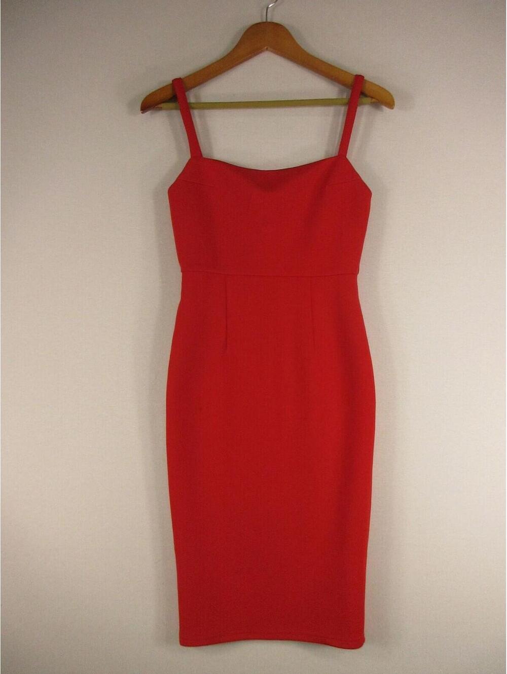 HELLO MOLLY Dress Womens S Red Spaghetti Strap Midi Sheath Bodycon Zipper Back